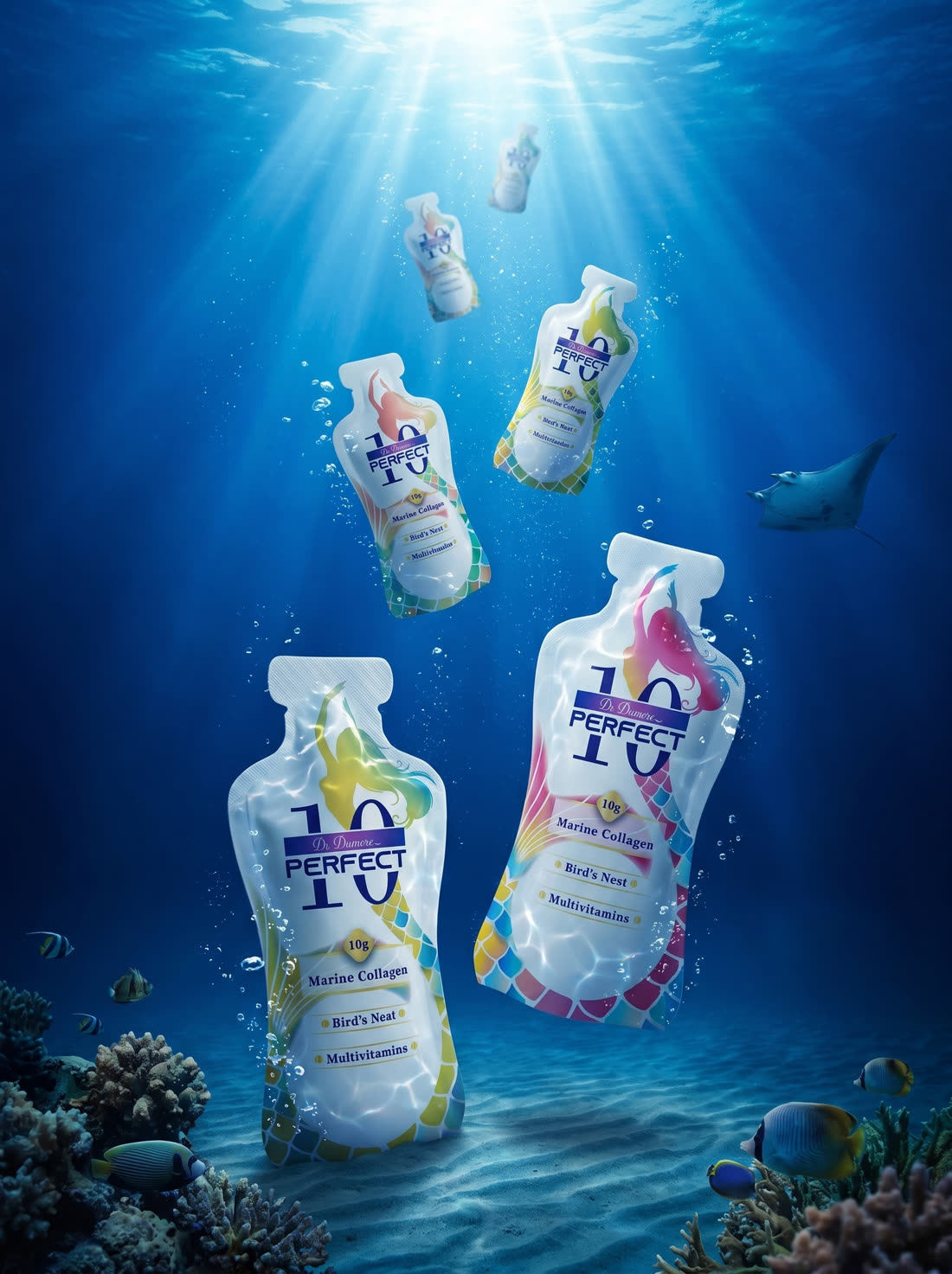 Perfect 10 Marine Collagen pouches drifting through a sunlit ocean